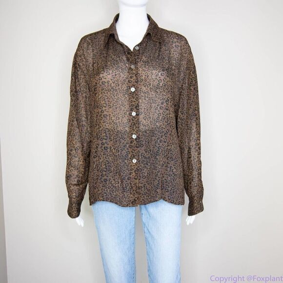 Silk Icon Collection 100% silk leopard animal print button down shirt,‎ size L - Picture 13 of 16